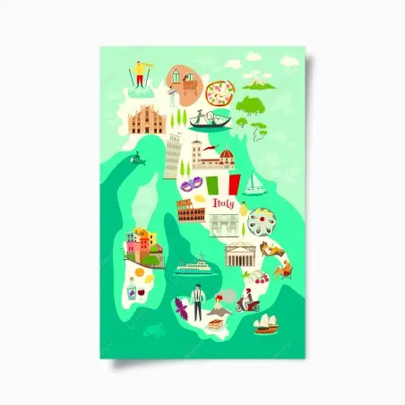 Poster carte illustrée de l'Italie en couleurs – Wallnifity®