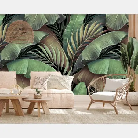 Papier peint fresque de feuillage tropical aux tons verts – Wallnifity®