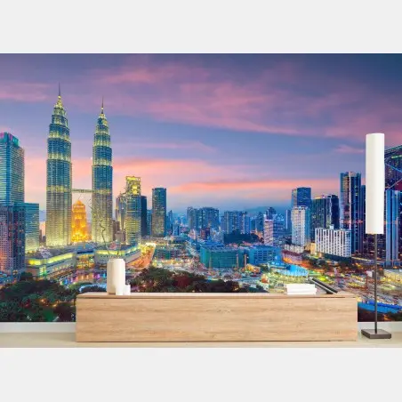Papier peint panorama au crépuscule de Kuala Lumpur et des tours Petronas – Wallnifity®