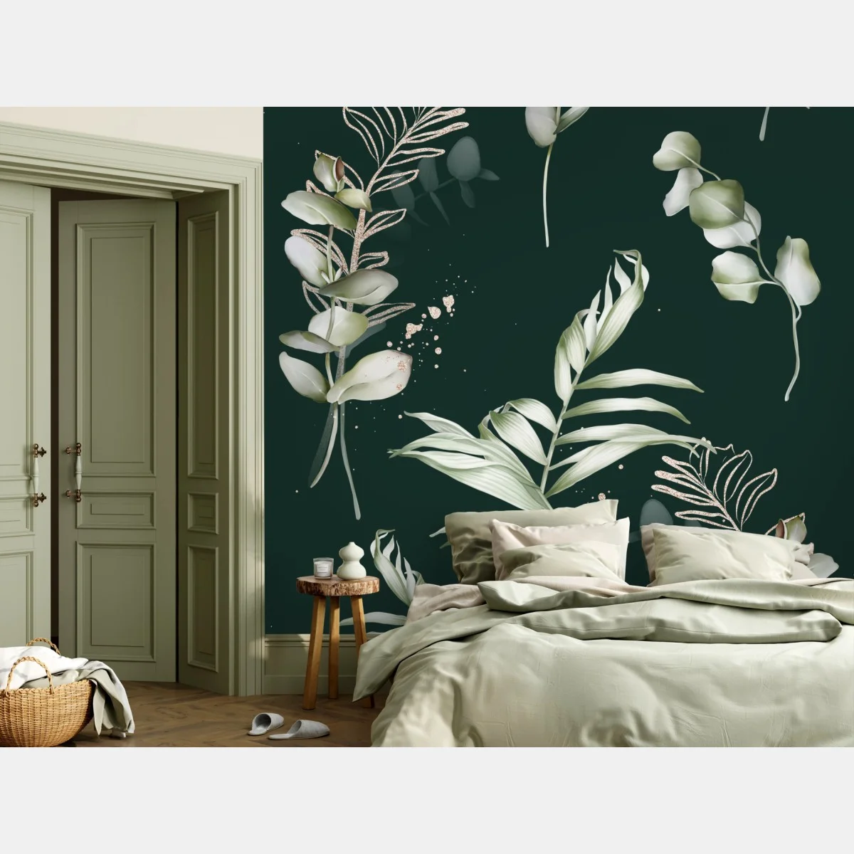 Papier peint motif eucalyptus doré sur fond vert profond – Wallnifity® Papier peint motif eucalyptus doré sur fond vert profond – Wallnifity®