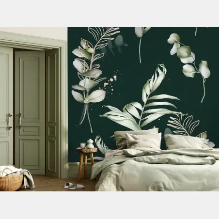 Papier peint motif eucalyptus doré sur fond vert profond – Wallnifity®