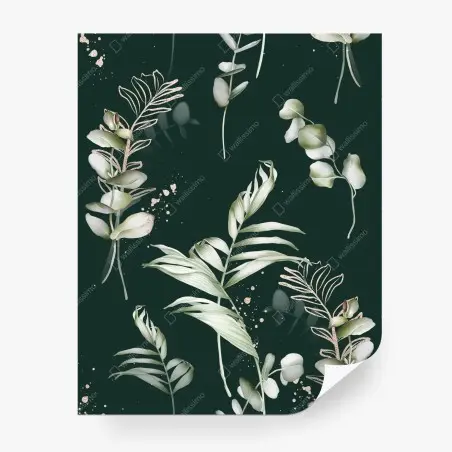 Papier peint motif eucalyptus doré sur fond vert profond – Wallnifity®