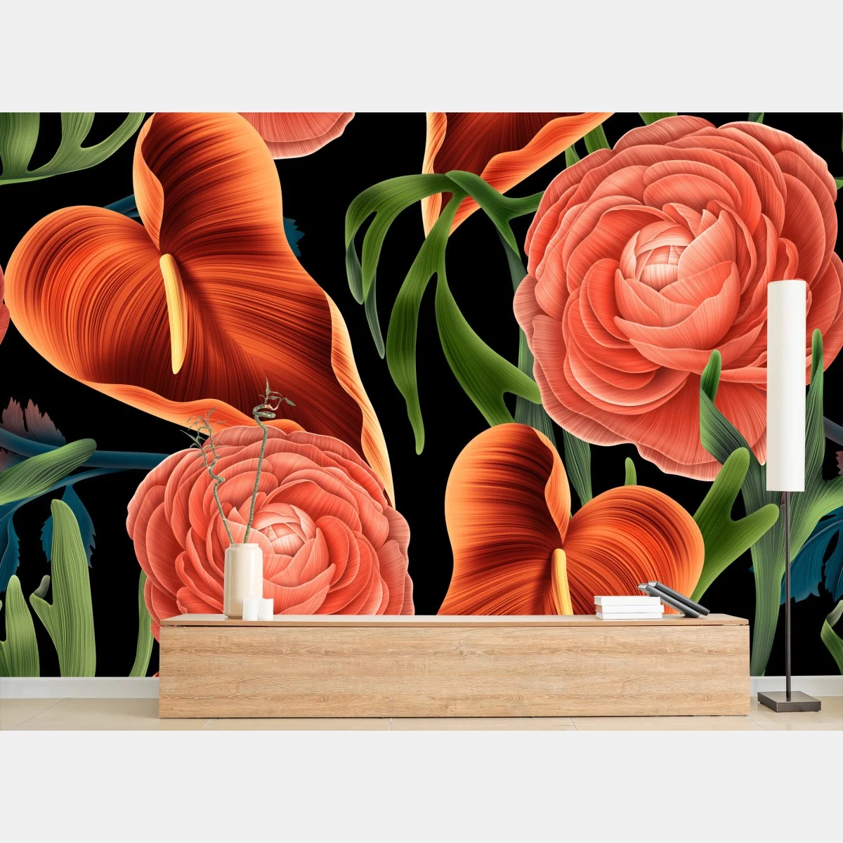 Papier peint motif floral tropical aux anthuriums et renoncules sur fond noir – Wallnifity® Papier peint motif floral tropical aux anthuriums et renoncules sur fond noir – Wallnifity®