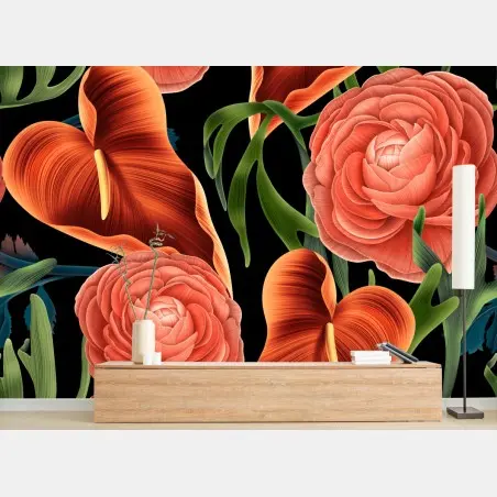 Papier peint motif floral tropical aux anthuriums et renoncules sur fond noir – Wallnifity®