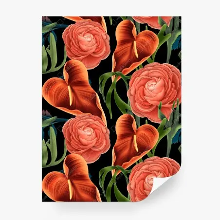 Papier peint motif floral tropical aux anthuriums et renoncules sur fond noir – Wallnifity®