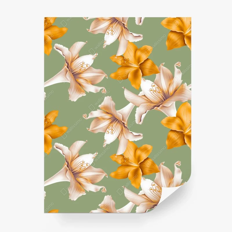 Papier peint motif floral de lys orangés sur fond vert sauge – Wallnifity®