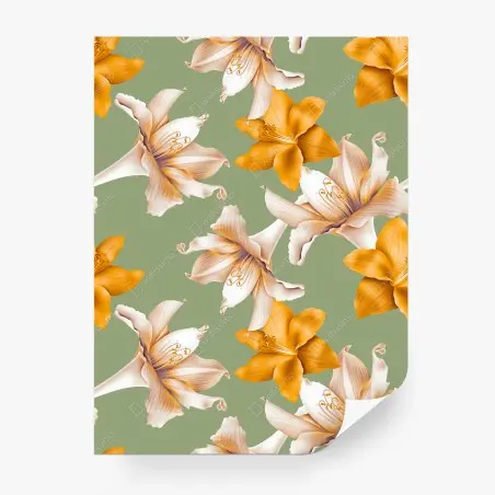 Papier peint motif floral de lys orangés sur fond vert sauge – Wallnifity®