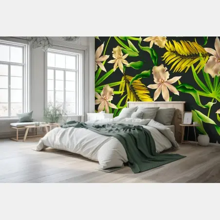 Papier peint motif tropical d'orchidées et de feuilles exotiques sur fond sombre – Wallnifity®