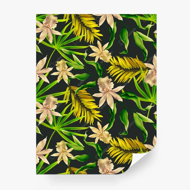 Papier peint motif tropical d'orchidées et de feuilles exotiques sur fond sombre – Wallnifity®