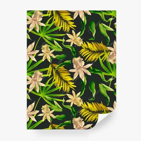 Papier peint motif tropical d'orchidées et de feuilles exotiques sur fond sombre – Wallnifity®