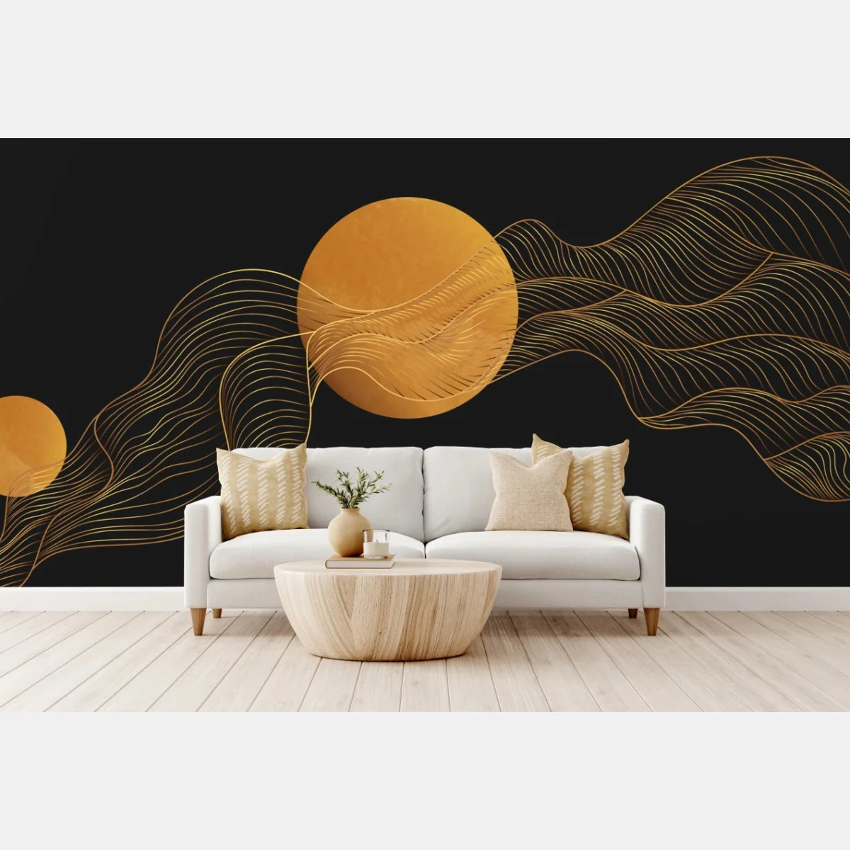 Papier peint ondulations dorées sur fond noir – Wallnifity® Papier peint ondulations dorées sur fond noir – Wallnifity®