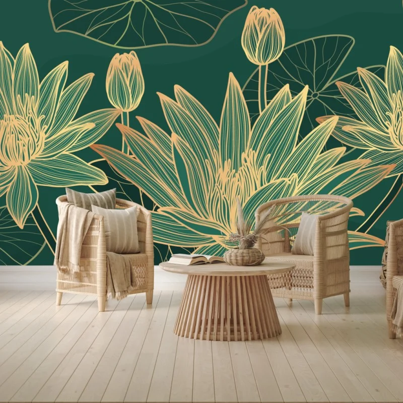 Papier peint lotus dorés sur fond vert élégant