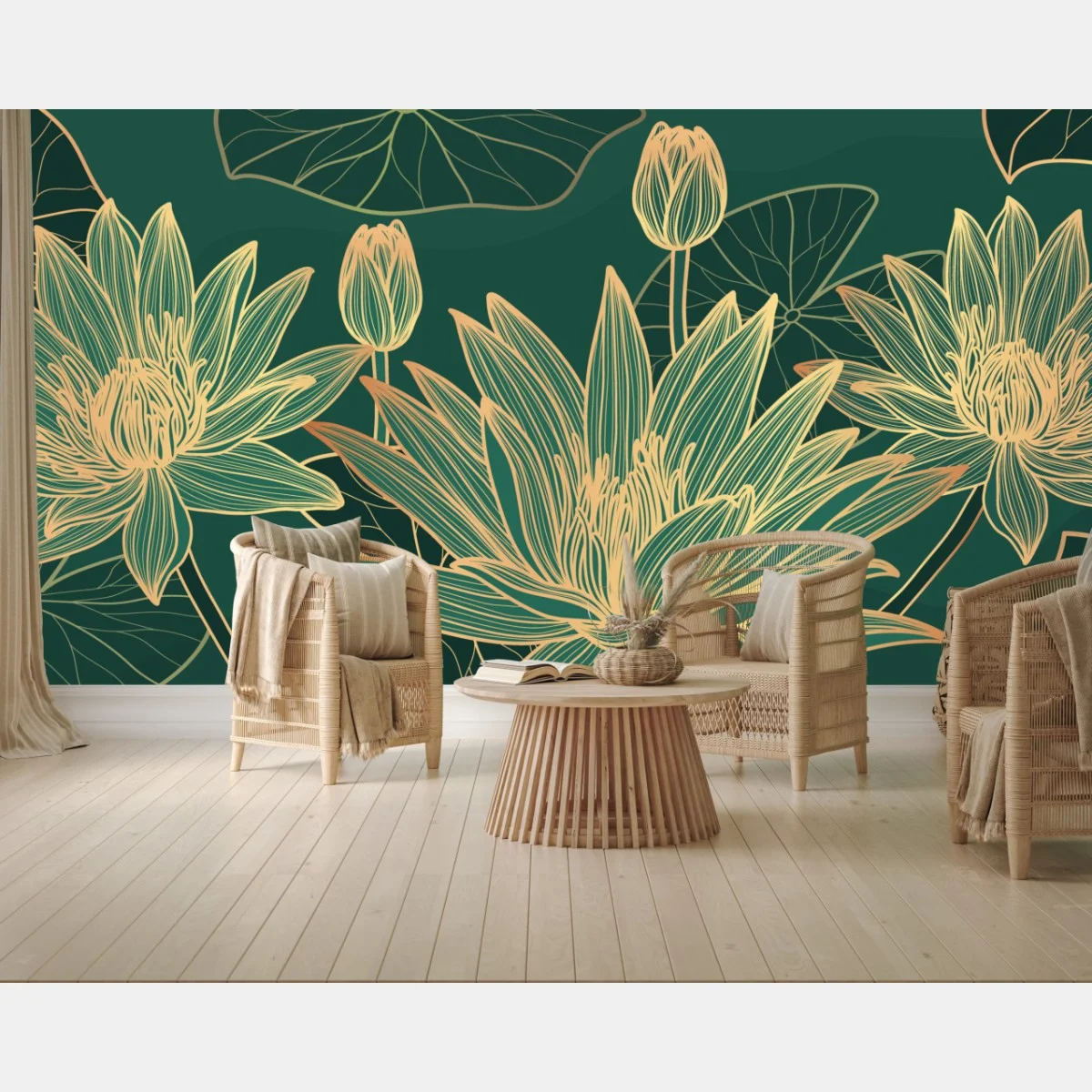 Papier peint lotus dorés sur fond vert élégant – Wallnifity® Papier peint lotus dorés sur fond vert élégant – Wallnifity®