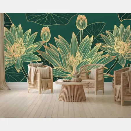 Papier peint lotus dorés sur fond vert élégant – Wallnifity®