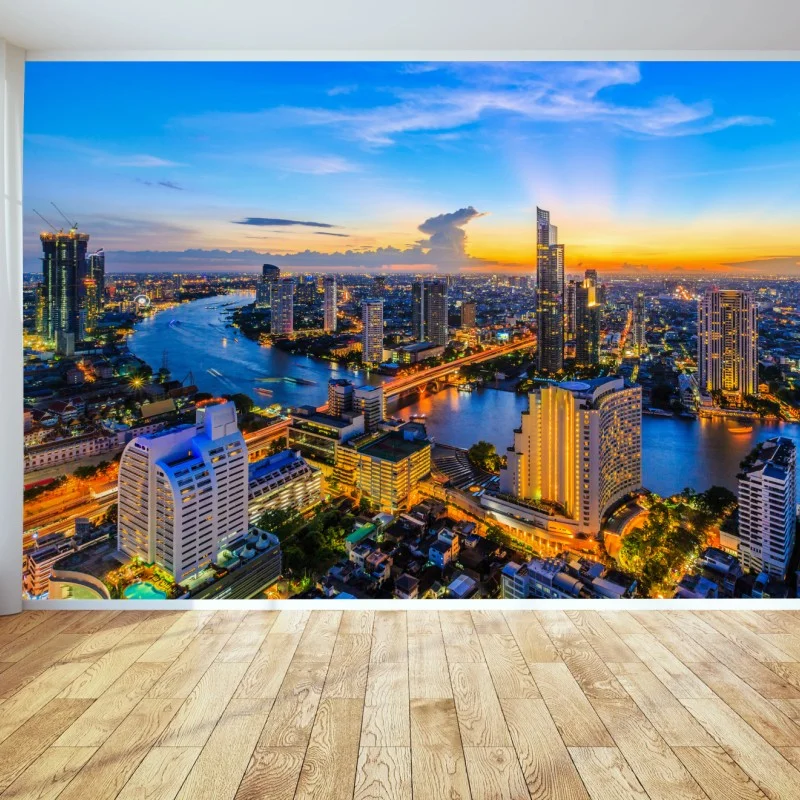 Papier peint panorama urbain au coucher de soleil sur Bangkok – Wallnifity®