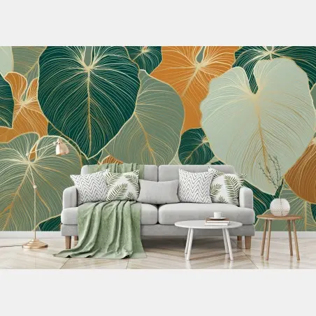 Papier peint motif de feuilles dorées vertes et ocres – Wallnifity®
