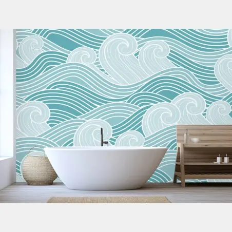 Papier peint océan stylisé en vagues turquoises – Wallnifity®