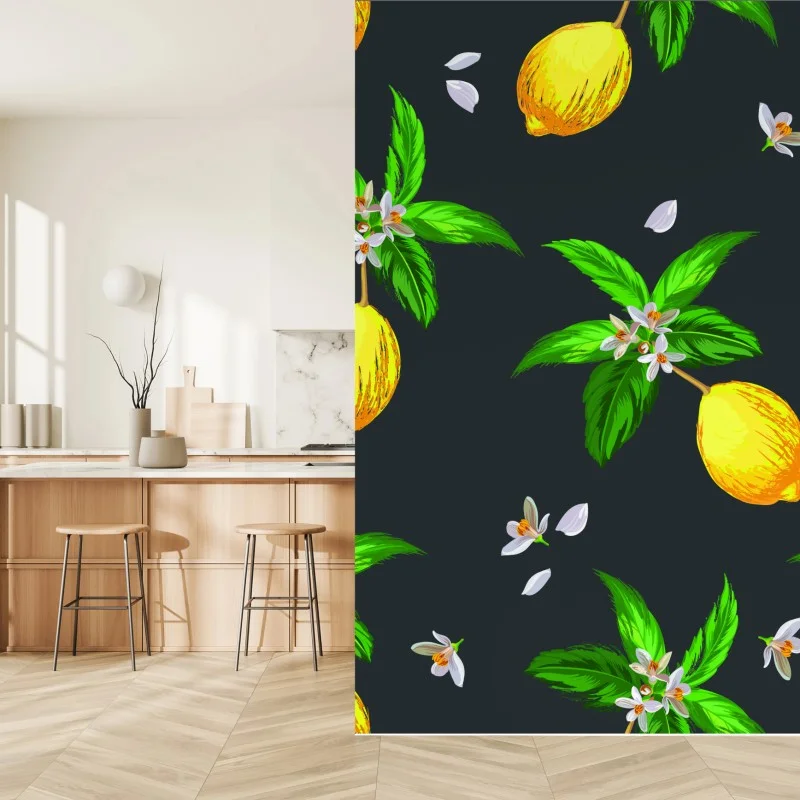 Papier peint motif citronné tropical sur fond sombre – Wallnifity® Papier peint motif citronné tropical sur fond sombre – Wallnifity®
