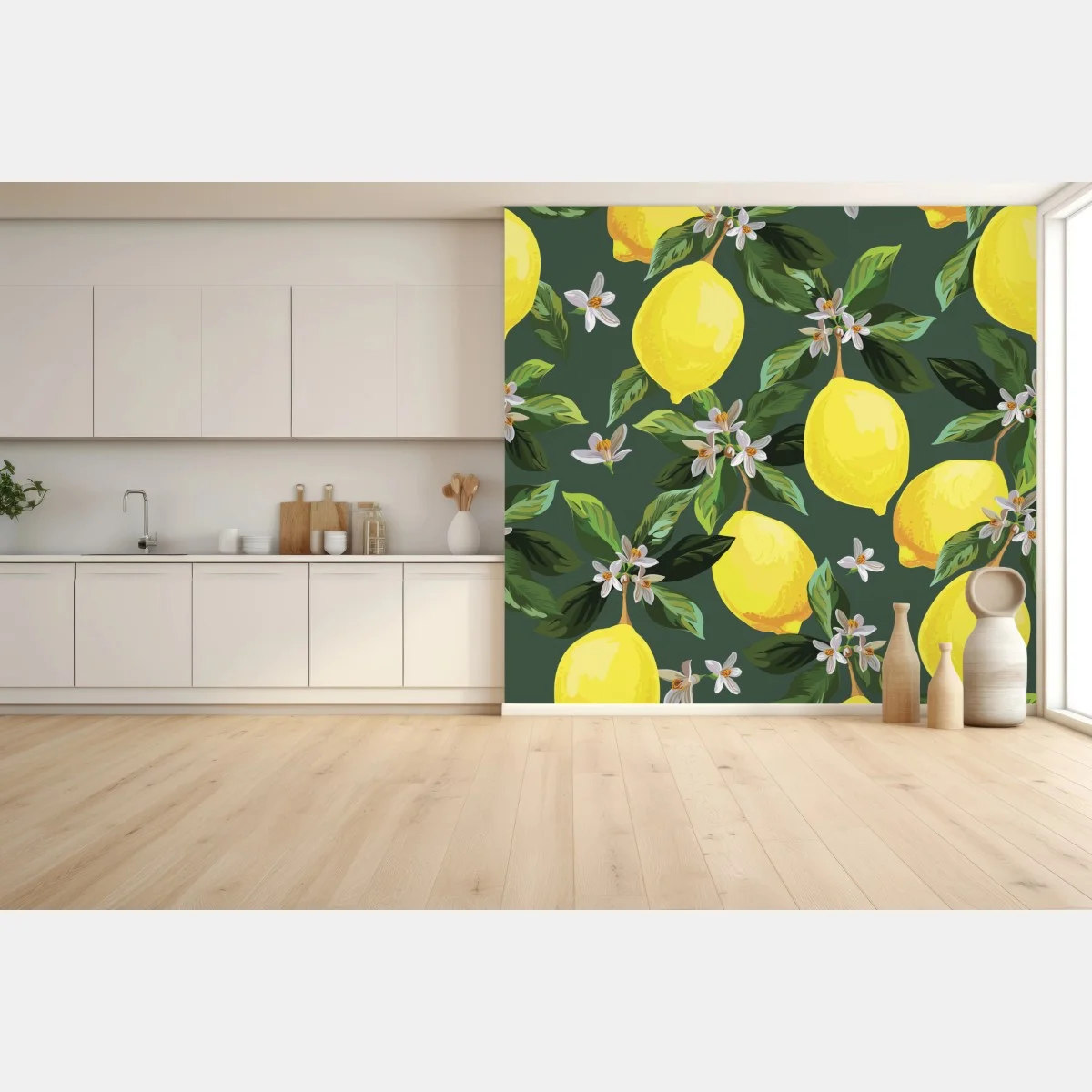 Papier peint motif citrons et fleurs sur fond vert – Wallnifity® Papier peint motif citrons et fleurs sur fond vert – Wallnifity®