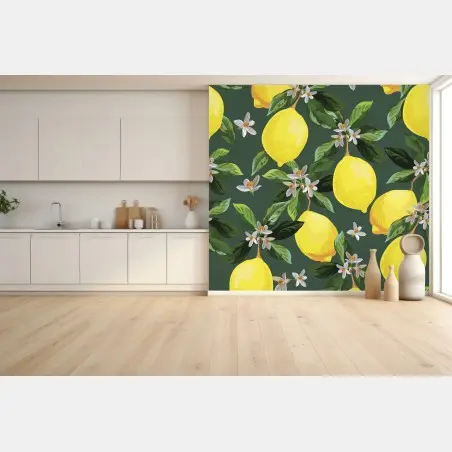 Papier peint motif citrons et fleurs sur fond vert – Wallnifity®