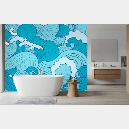 Papier peint vagues stylisées en nuances de bleu – Wallnifity®
