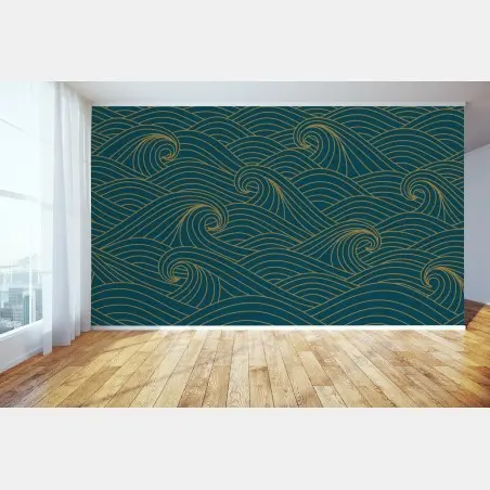 Papier peint motif de vagues dorées sur fond bleu canard – Wallnifity®