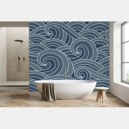 Papier peint vagues stylisées japonaises bleu-gris – Wallnifity®