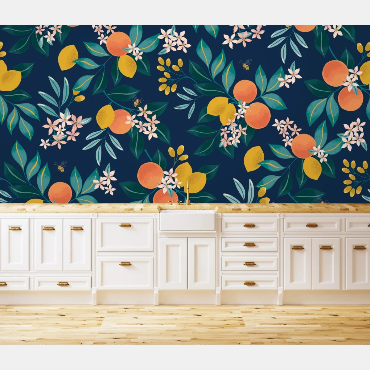 Papier peint motif botanique d'agrumes sur fond bleu profond – Wallnifity® Papier peint motif botanique d'agrumes sur fond bleu profond – Wallnifity®