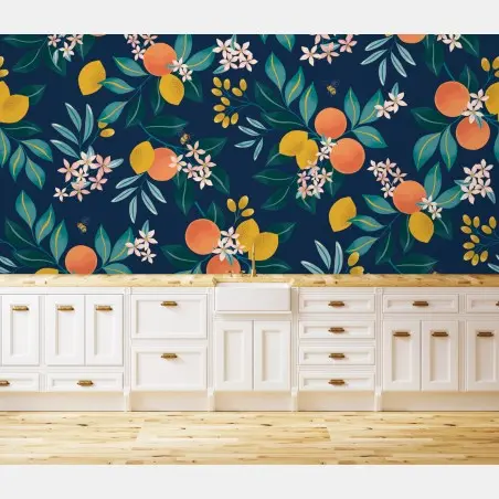 Papier peint motif botanique d'agrumes sur fond bleu profond – Wallnifity®