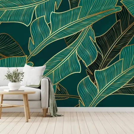 Papier peint éclat tropical doré sur fond émeraude – Wallnifity®