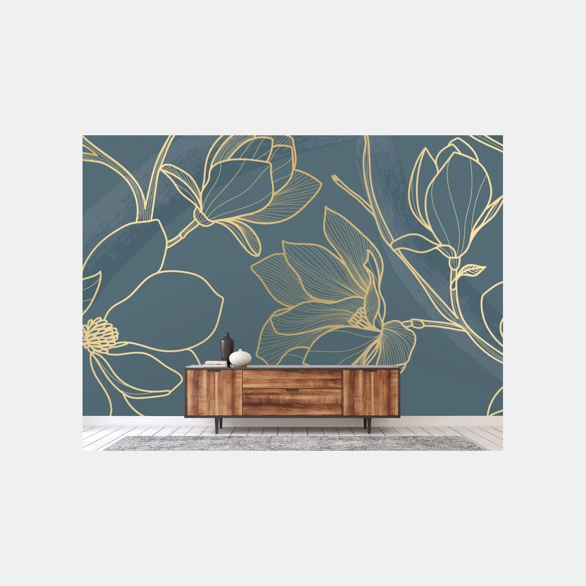 Papier peint motif floral doré sur fond bleu-gris – Wallnifity® Papier peint motif floral doré sur fond bleu-gris – Wallnifity®