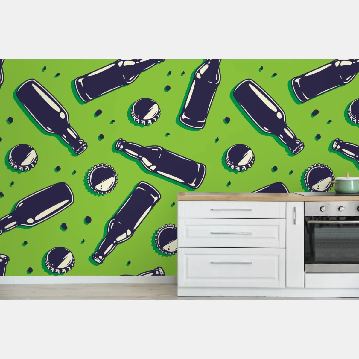 Papier peint motif bouteilles et capsules sur fond vert – Wallnifity® Papier peint motif bouteilles et capsules sur fond vert – Wallnifity®