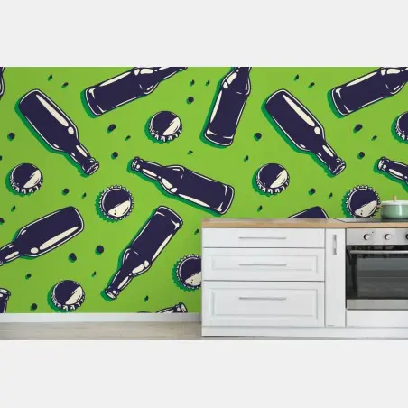 Papier peint motif bouteilles et capsules sur fond vert – Wallnifity®