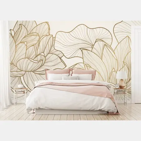 Papier peint fleurs de lotus dorées sur fond beige – Wallnifity®