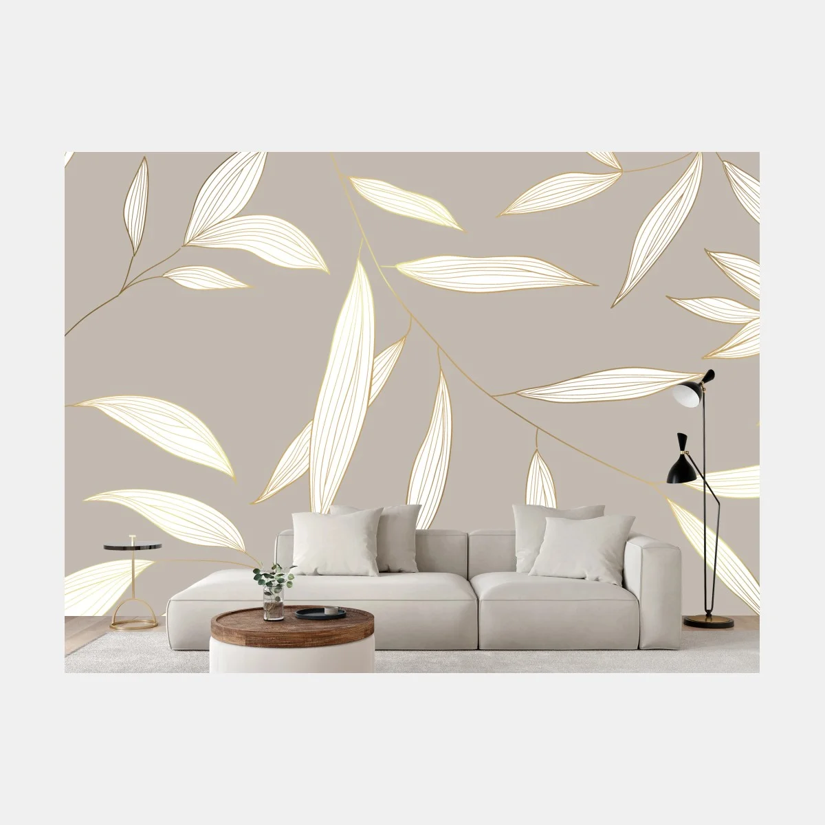 Papier peint motif de feuilles dorées sur fond beige – Wallnifity® Papier peint motif de feuilles dorées sur fond beige – Wallnifity®