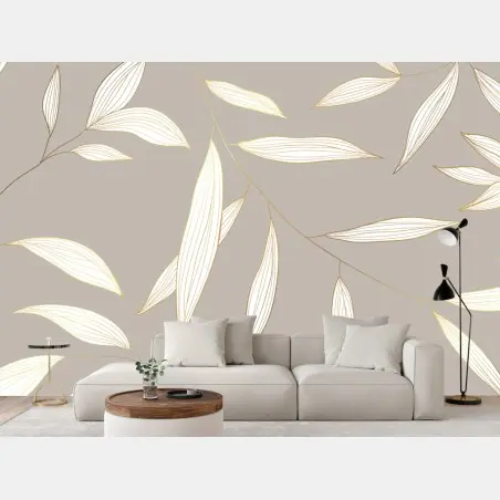Papier peint motif de feuilles dorées sur fond beige – Wallnifity®