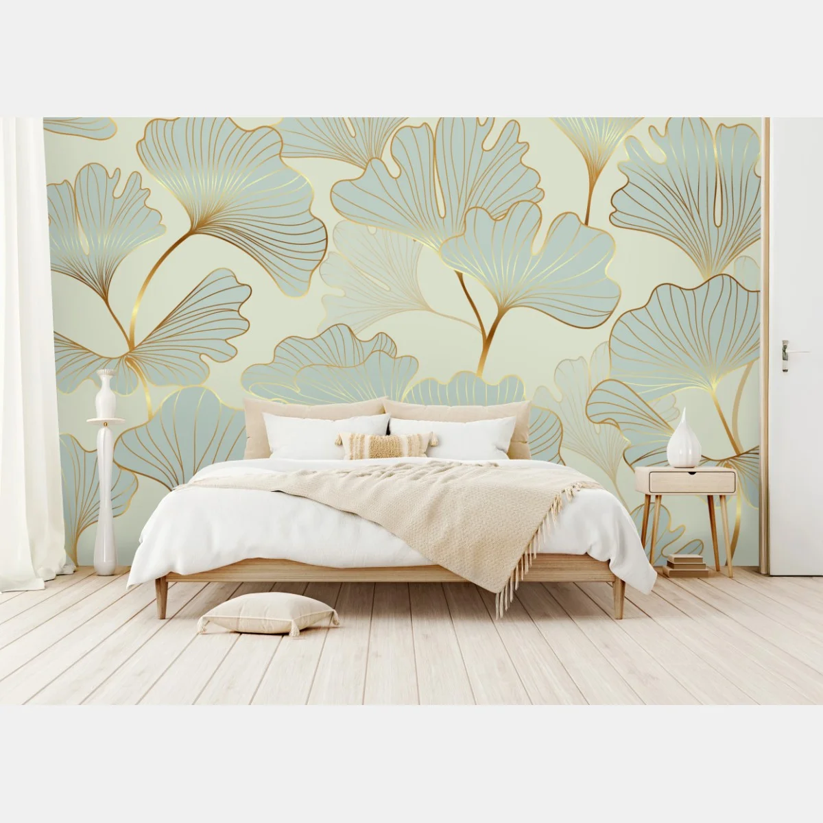 Papier peint motif feuilles de ginkgo dorées sur fond pastel – Wallnifity® Papier peint motif feuilles de ginkgo dorées sur fond pastel – Wallnifity®