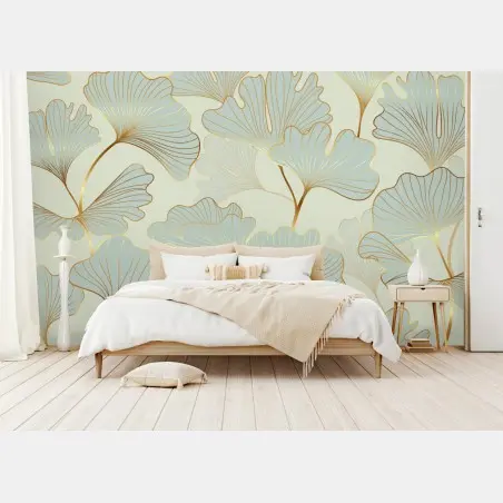 Papier peint motif feuilles de ginkgo dorées sur fond pastel – Wallnifity®