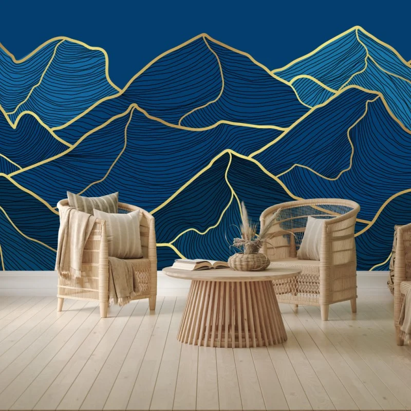 Papier peint paysage de montagnes aux lignes dorées