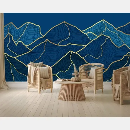 Papier peint paysage de montagnes aux lignes dorées – Wallnifity®