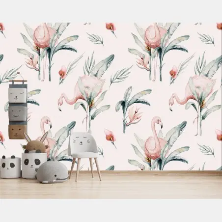 Papier peint motif tropical de flamants roses aquarelle – Wallnifity®