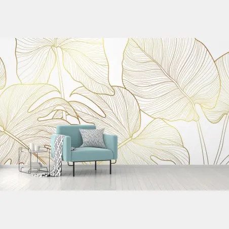 Papier peint feuilles tropicales dorées sur fond blanc – Wallnifity®