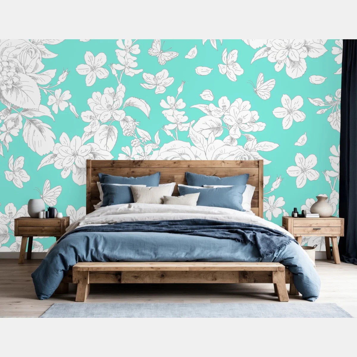 Papier peint motif floral délicat sur fond turquoise – Wallnifity® Papier peint motif floral délicat sur fond turquoise – Wallnifity®