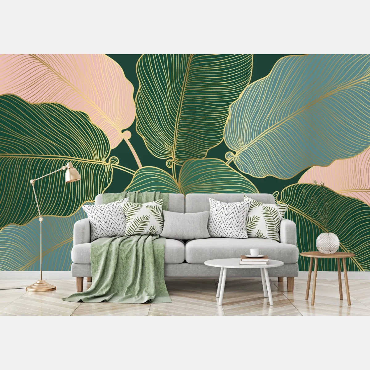 Papier peint feuillage tropical doré et pastel – Wallnifity® Papier peint feuillage tropical doré et pastel – Wallnifity®