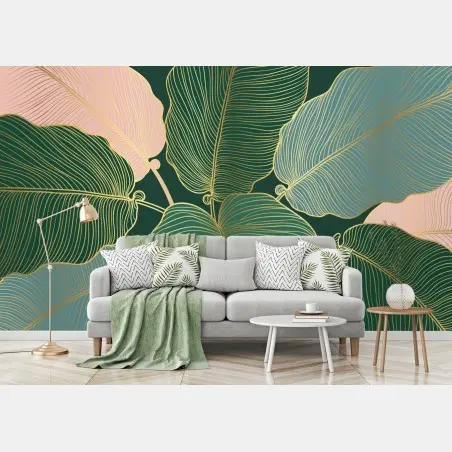 Papier peint feuillage tropical doré et pastel – Wallnifity®