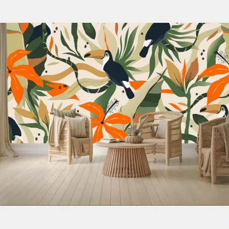 Papier peint motif tropical aux toucans et fleurs orangées – Wallnifity®