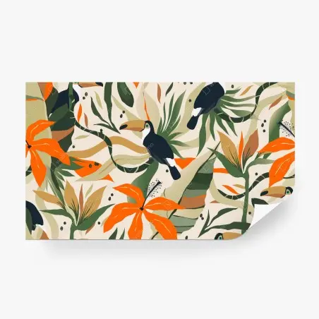 Papier peint motif tropical aux toucans et fleurs orangées – Wallnifity®