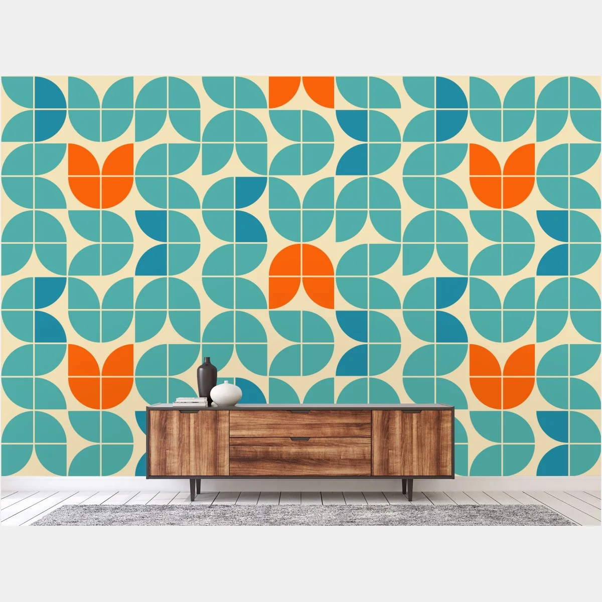 Papier peint motif géométrique rétro aux tulipes stylisées – Wallnifity® Papier peint motif géométrique rétro aux tulipes stylisées – Wallnifity®