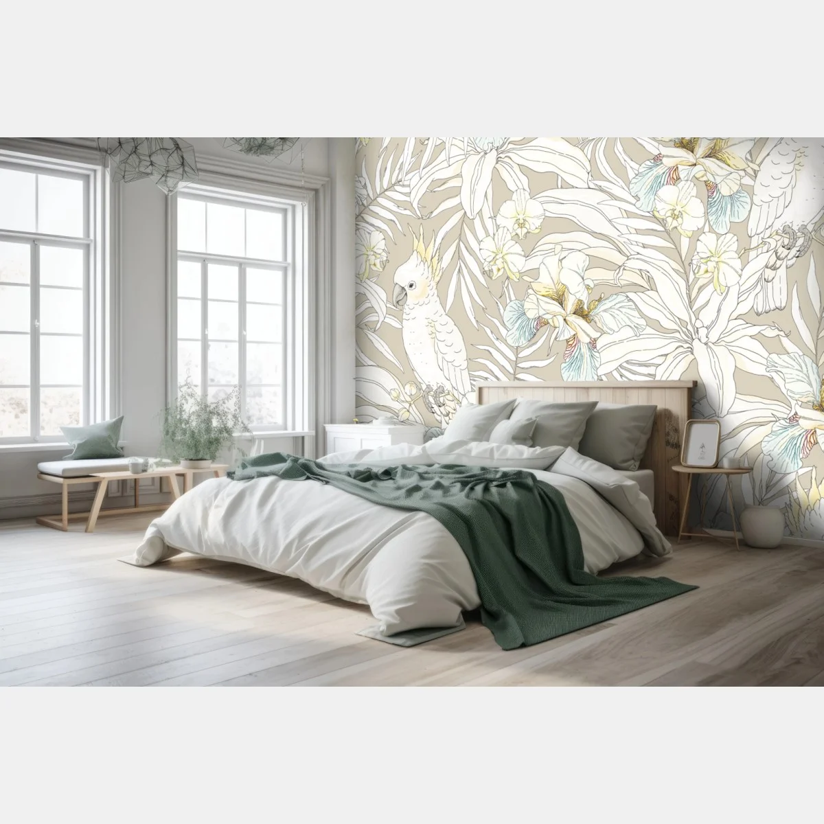 Papier peint décor tropical aux cacatoès et orchidées sur fond beige – Wallnifity® Papier peint décor tropical aux cacatoès et orchidées sur fond beige – Wallnifity®
