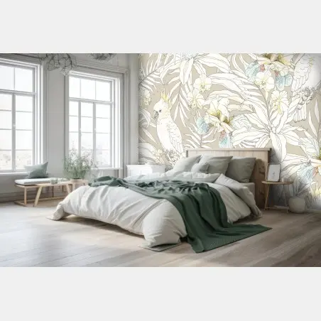 Papier peint décor tropical aux cacatoès et orchidées sur fond beige – Wallnifity®